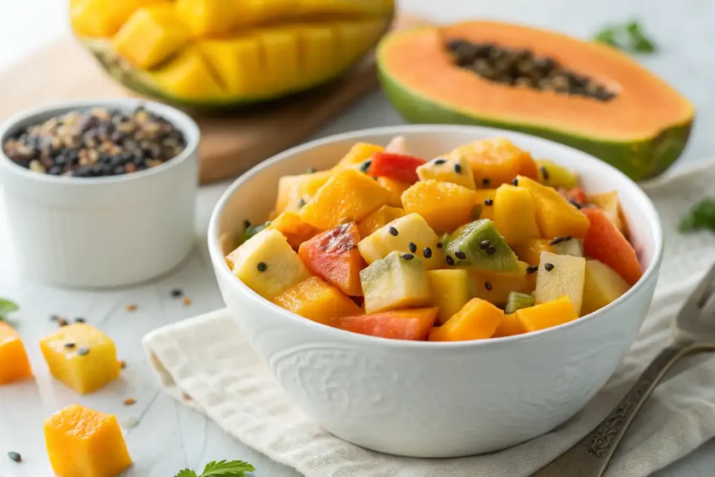 Overhead view of a fruit salad with diced papaya, mango, and pineapple in a white bowl.