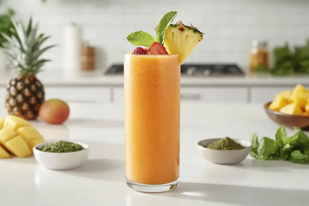 A tall glass of a vibrant orange tropical smoothie with pineapple, strawberry, and mint garnishes, alongside matcha powder, suggesting a caffeinated boost.