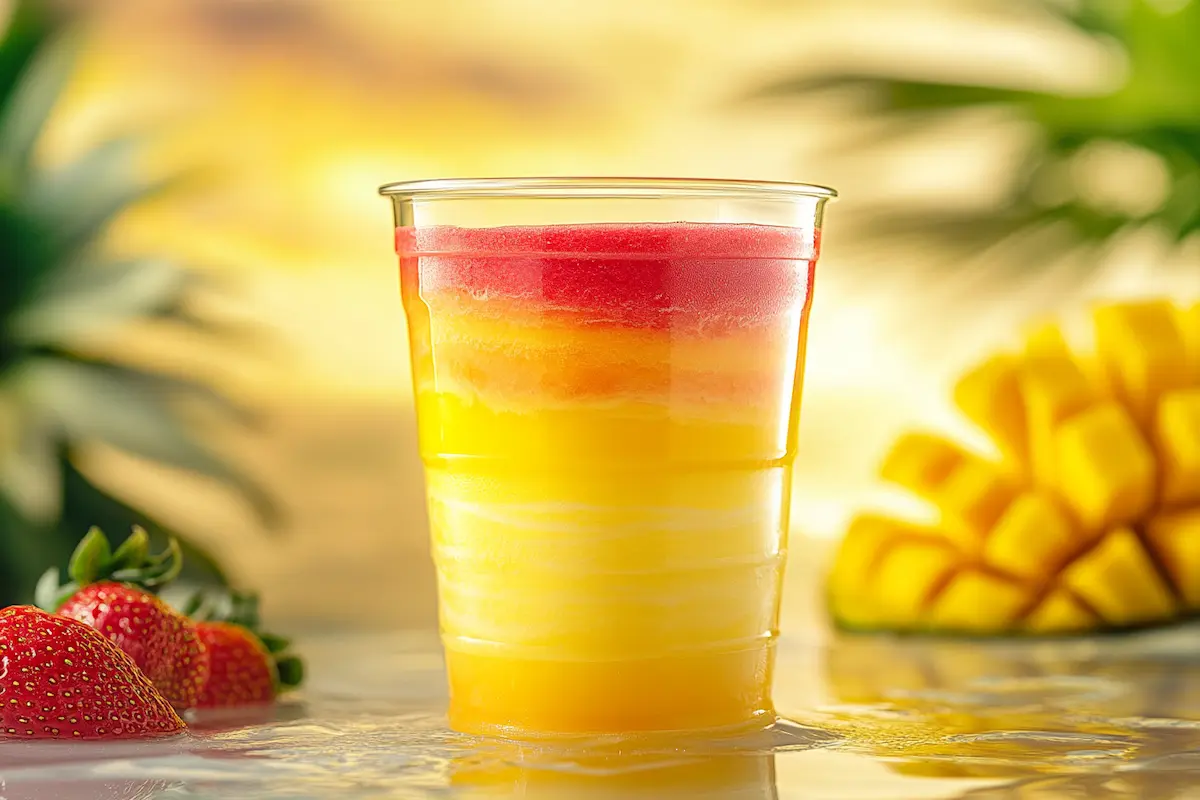 Vibrant layered Tropical Smoothie Sunrise Sunset drink showing distinct colors.