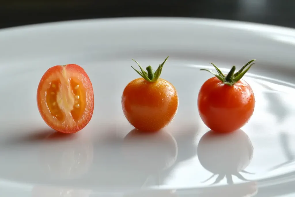 Beef tomatoes of different colors on a kitchen scale, displaying size differences.