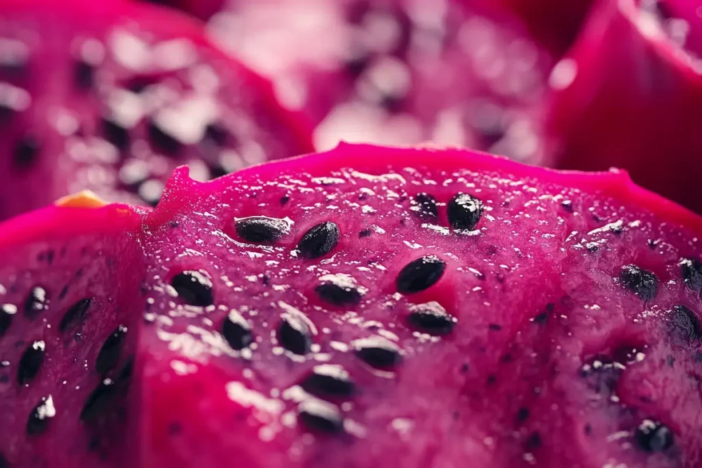 Red dragon fruit, also called pitaya, with black seeds.