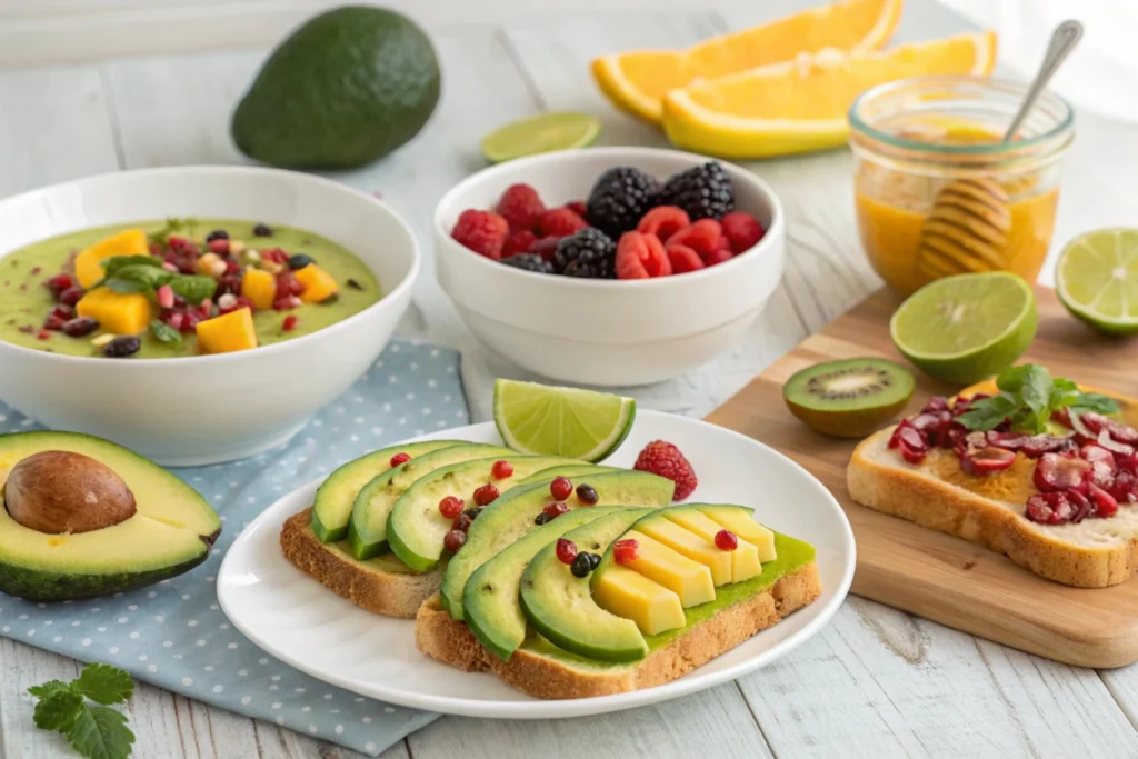 Colorful dishes showcasing avocado and fruit pairings: a smoothie bowl with mango and berries, a salad with grapefruit and pomegranate, avocado toast with peach slices and honey, and fruit salsa with pineapple and lime, all emphasizing fresh and healthy ingredients.