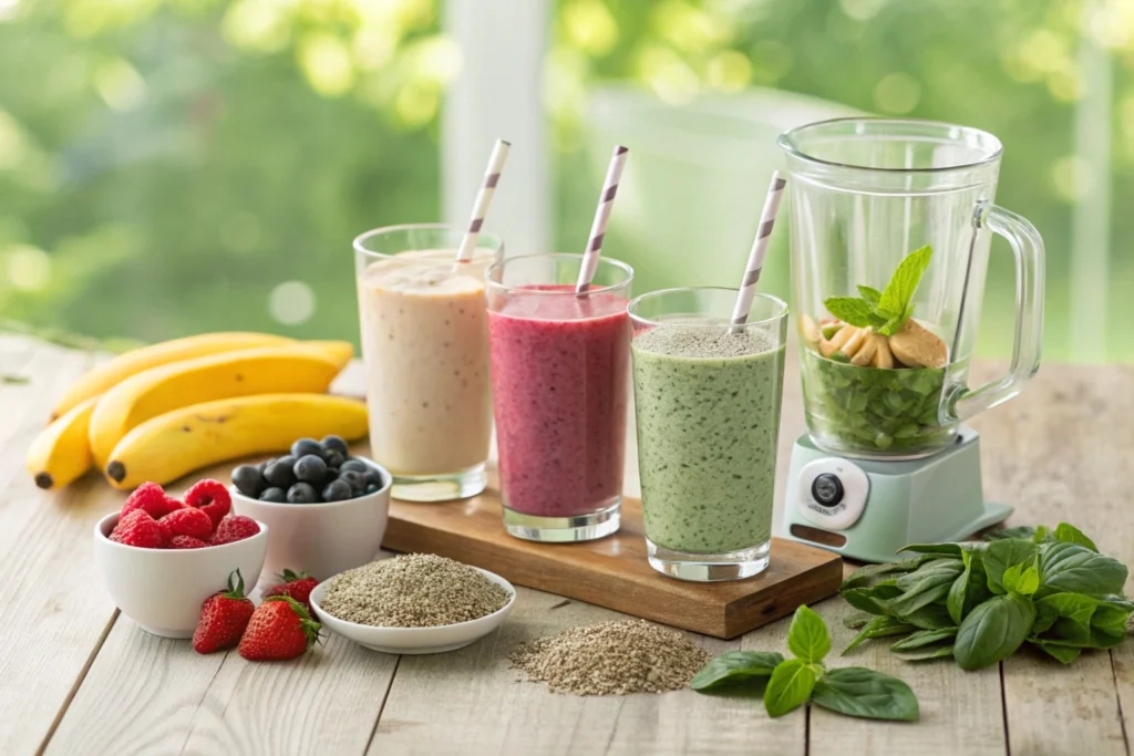 Step-by-step preparation of a meal replacement smoothie, showcasing almond milk, protein powder, oats, fruits, and chia seeds being blended, with the final smoothie garnished with mint in a tall glass.