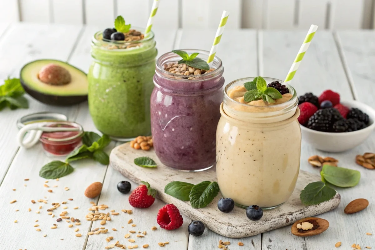 A vibrant assortment of three meal replacement smoothies in glass jars on a rustic wooden table. A green smoothie garnished with chia seeds, a purple berry smoothie topped with fresh mint, and a beige smoothie with oats and a honey drizzle. Scattered fresh ingredients like spinach leaves, berries, and nuts complete the healthy, organic presentation