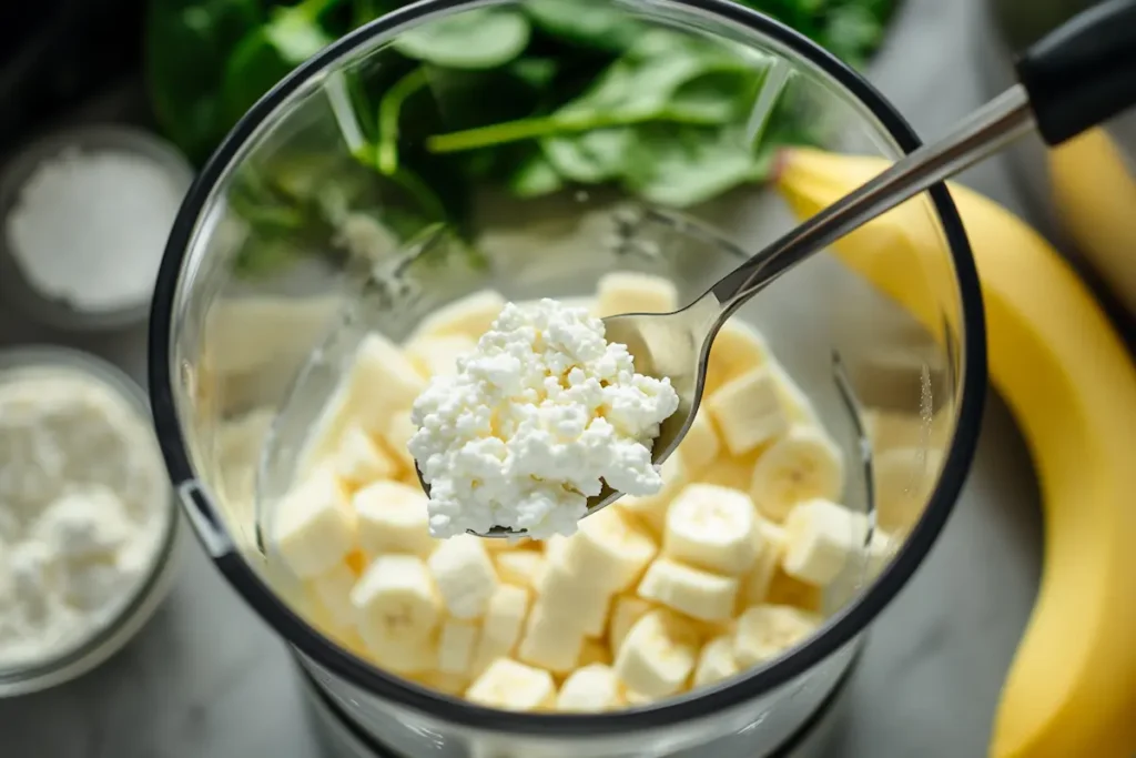 Adding cottage cheese to blender for protein shake preparation.