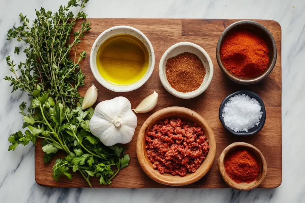 Ingredients for making beef chorizo, including ground beef, paprika, garlic, and spices on a wooden board.