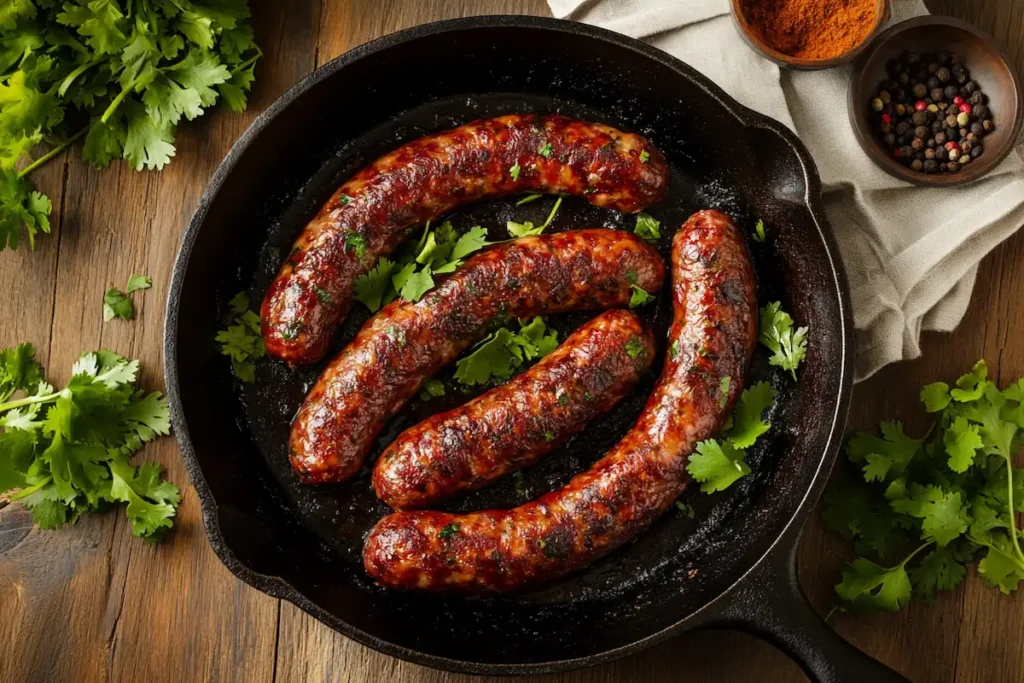 Sizzling beef chorizo cooking in a cast-iron skillet with fresh herbs and spices.