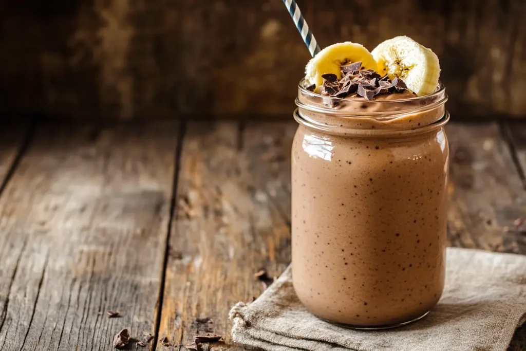 Chocolate banana cottage cheese protein shake in a mason jar.