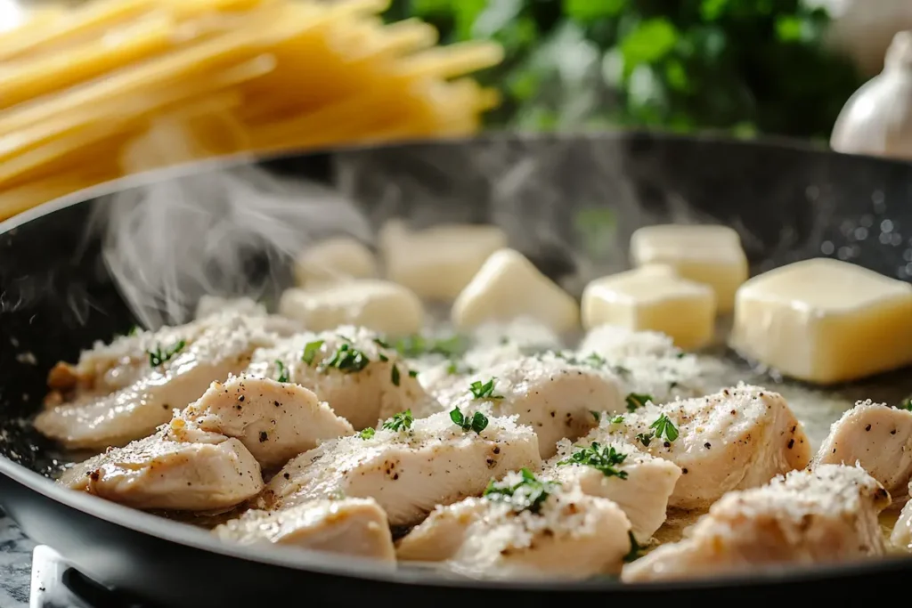 Chicken cooking in a skillet with garlic and butter for garlic parmesan chicken pasta.