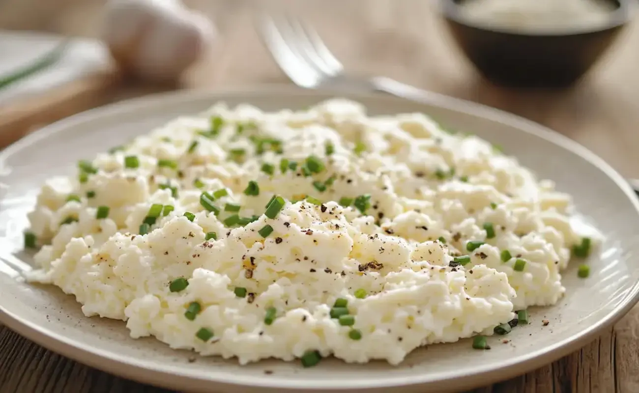 A plate of fluffy cottage cheese eggs garnished with chopped chives and black pepper, served on a rustic wooden table with a fork and fresh garlic in the background.