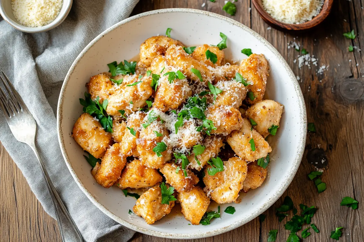 Creamy garlic parmesan chicken pasta garnished with parsley and Parmesan cheese.