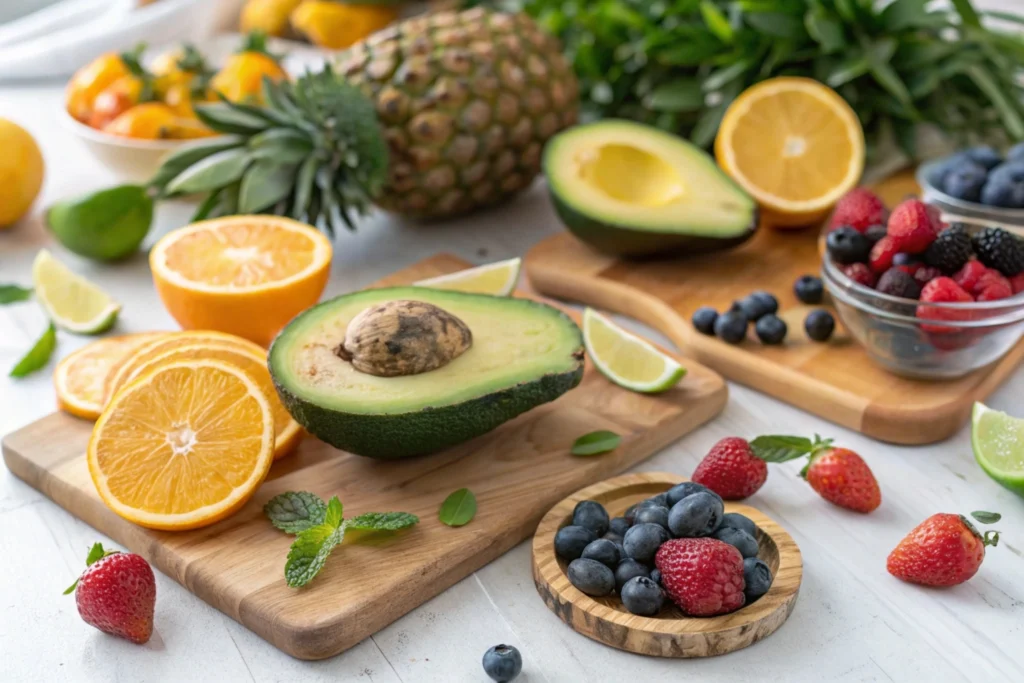 A vibrant display of halved avocado surrounded by a colorful assortment of fruits including citrus slices, mango, pineapple, strawberries, blueberries, peaches, and plums, set on a wooden cutting board in a bright kitchen. The composition highlights fresh, healthy food pairings with avocado.