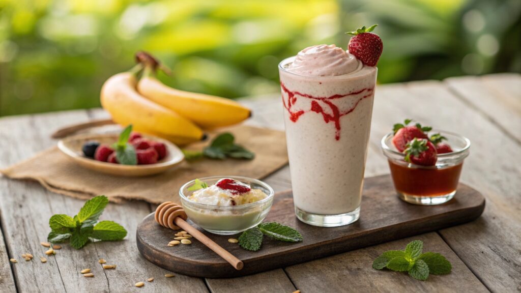 Cottage cheese smoothie served with fresh fruits, honey, and mint leaves on a rustic table, highlighting a healthy and high-protein drink.