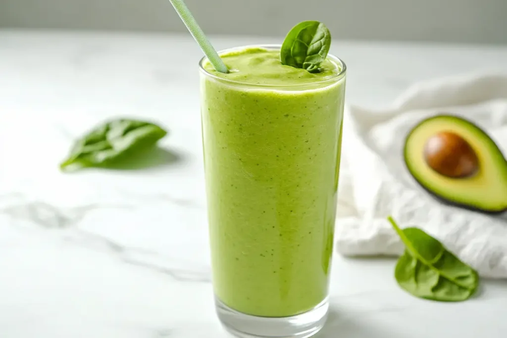 Green protein smoothie with cottage cheese, spinach, and avocado.