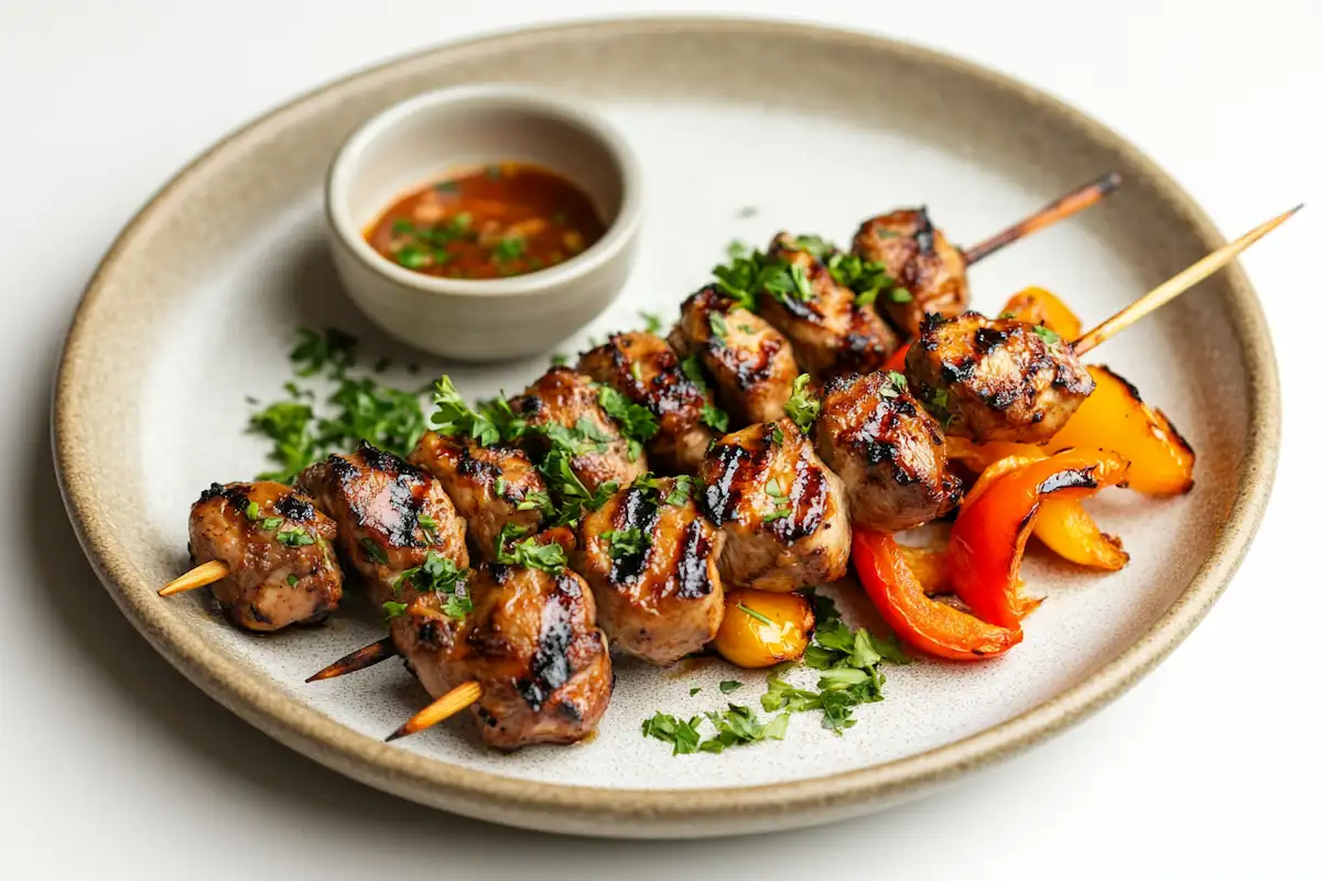 Grilled chicken hearts skewers garnished with parsley, served with roasted vegetables and dipping sauce.