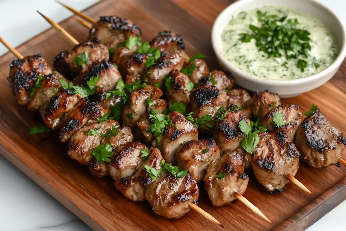 Grilled chicken hearts on skewers garnished with parsley and served with dipping sauce.