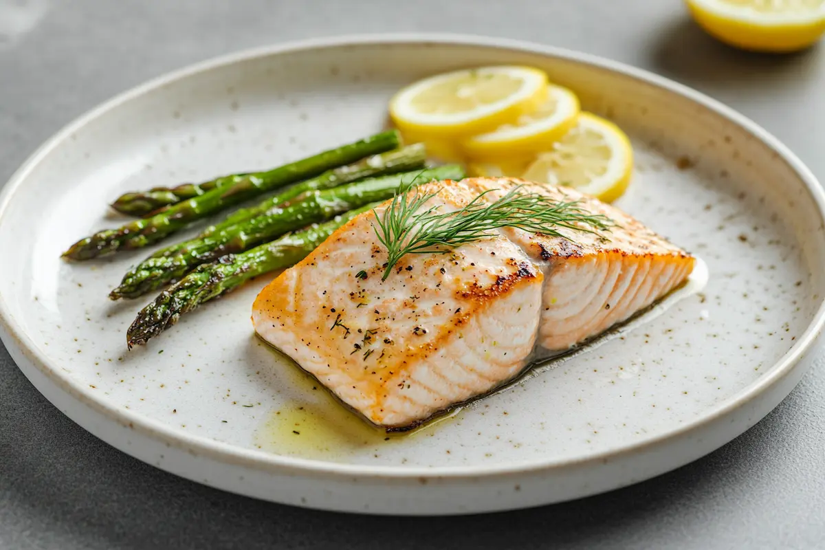 Grilled white salmon fillet with asparagus and lemon on a white plate.