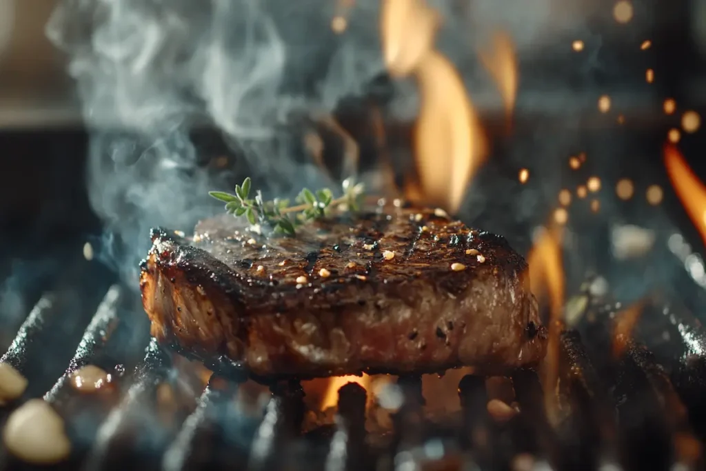 Spinalis steak grilling over an open flame with char marks, garlic, and thyme.