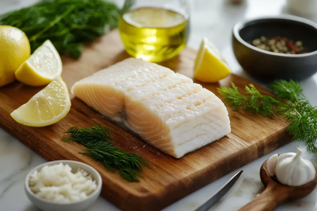 Raw white salmon fillet on a wooden board with fresh dill and lemon.