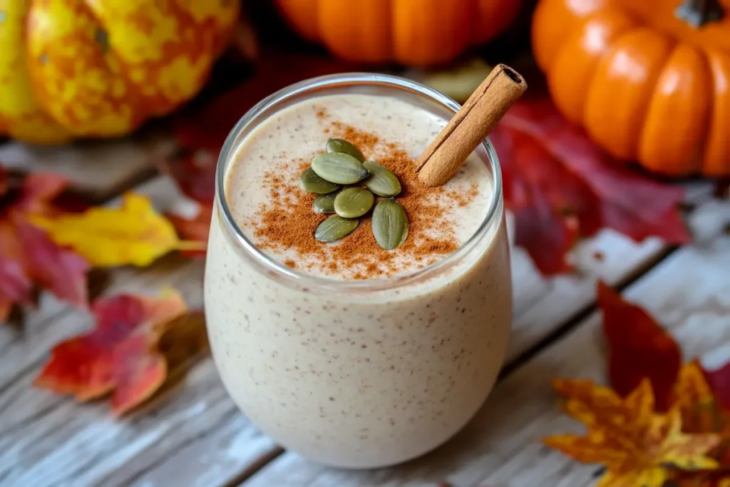 Pumpkin spice cottage cheese protein shake with cinnamon and pumpkin seeds.