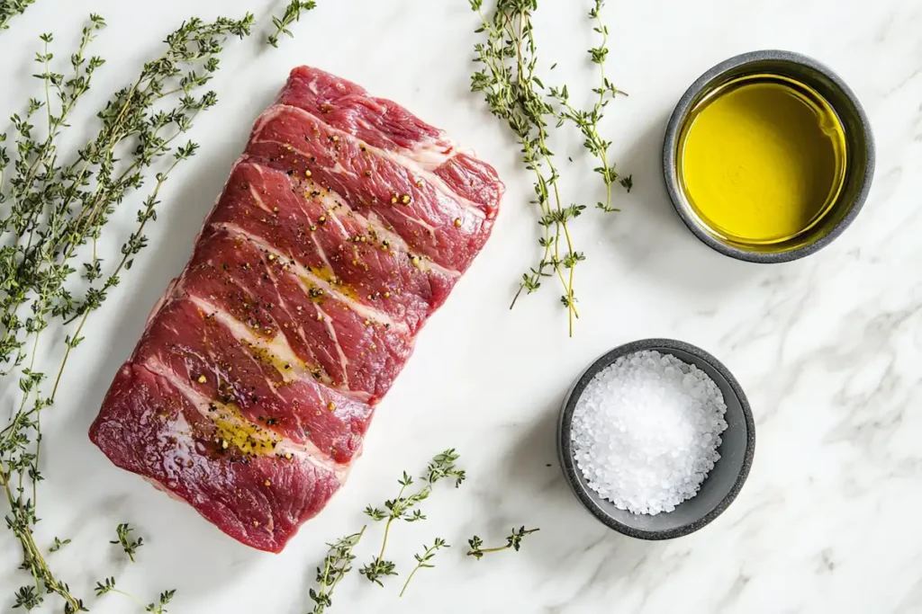 Raw spinalis steak with visible marbling, surrounded by thyme and coarse salt.