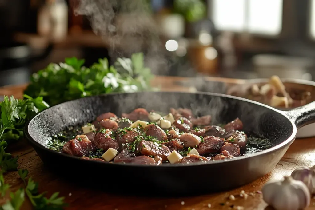 Chicken hearts sautéed in a cast-iron skillet with garlic, butter, and fresh thyme.