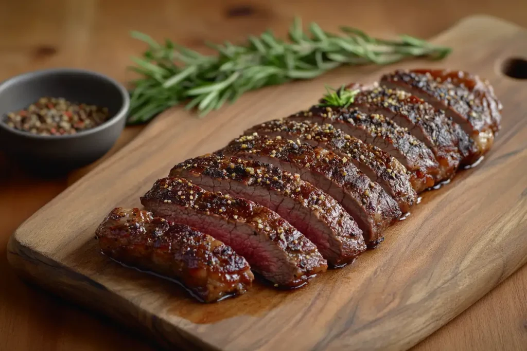 Perfectly cooked spinalis steak sliced on a wooden board with rosemary.