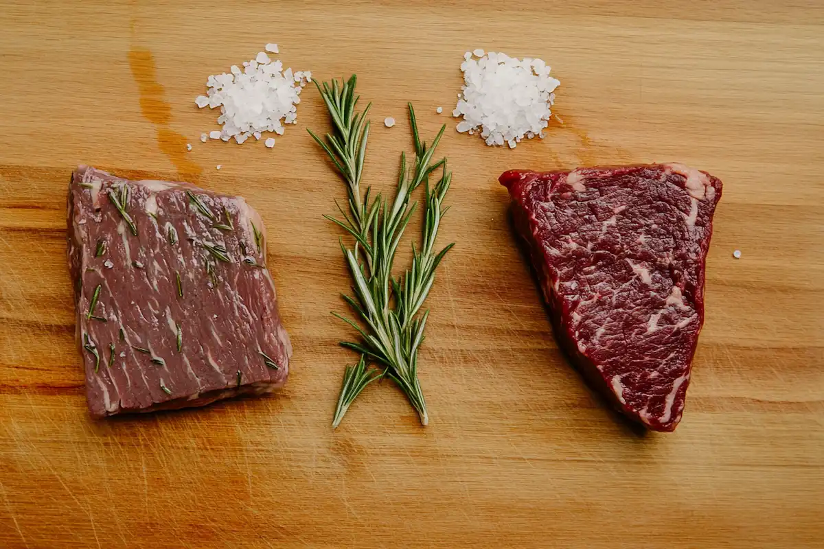 Comparison of spinalis steak and picanha steak on a wooden cutting board with rosemary and salt.