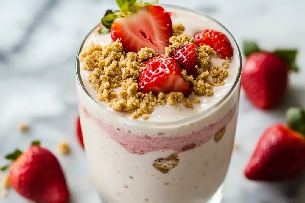 Strawberry cheesecake protein shake with cottage cheese and graham cracker topping.