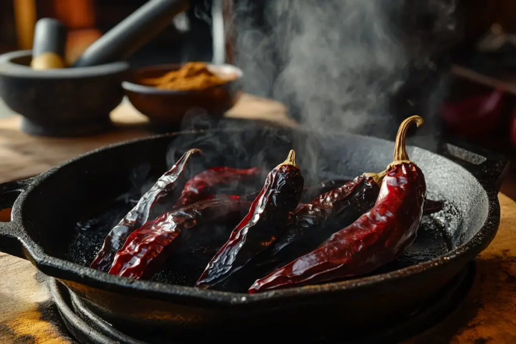 Toasting dried chile pasilla peppers on a cast-iron skillet for a rich, smoky flavor.