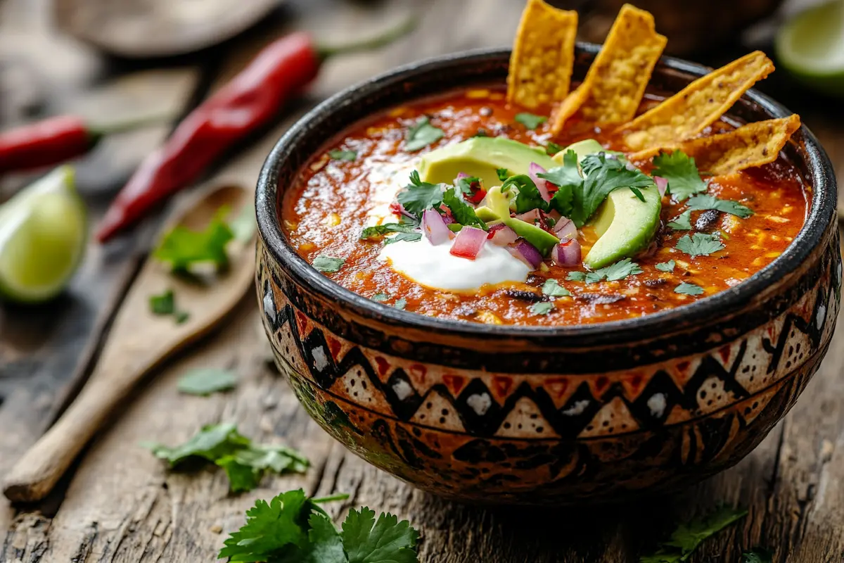 Tortilla soup with chile pasilla, garnished with avocado and crispy tortilla strips.