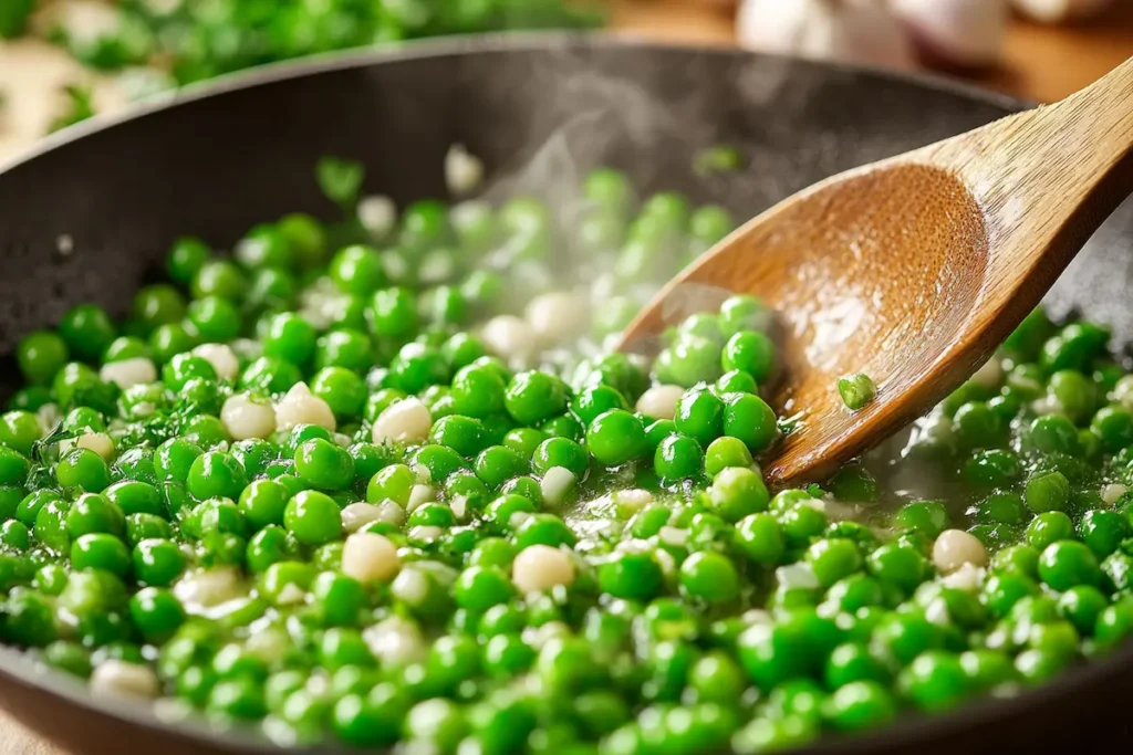 A close-up shot of bright green peas being cooked in a skillet with melted butter, garlic, and fresh herbs like parsley. The peas are glistening and steaming, with a wooden spoon stirring gently. A light wooden kitchen counter with a cutting board and a few garlic cloves is in the background.
