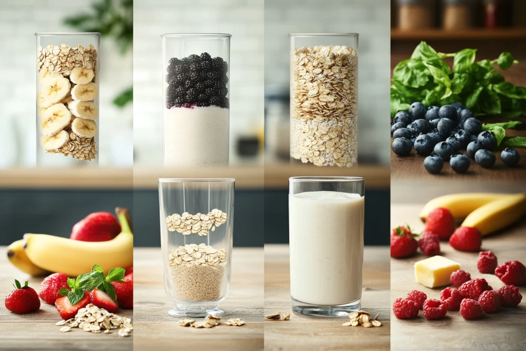 Step-by-step process of making a homemade meal replacement shake, featuring fresh ingredients like bananas, berries, oats, protein powder, Greek yogurt, and almond milk, a blender in use, the shake being poured into a glass, and the final garnished shake displayed in a bright, modern kitchen.