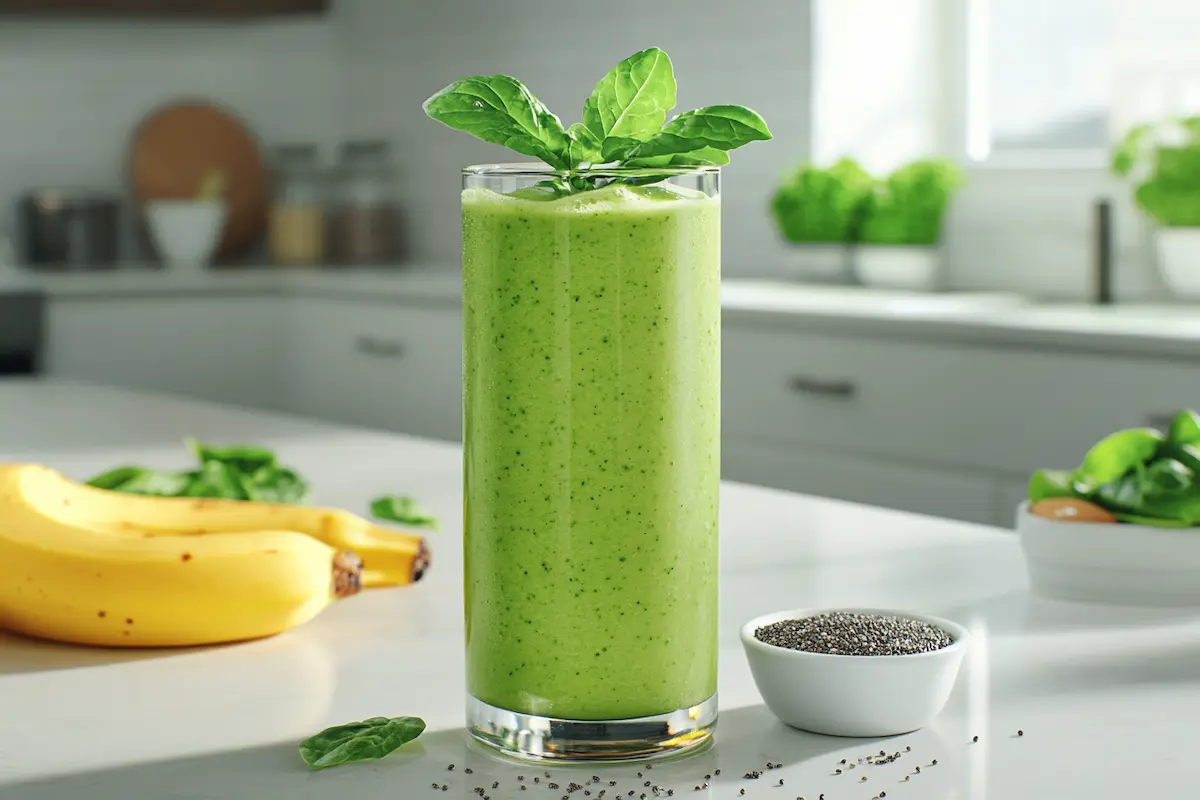 A refreshing green smoothie in a tall glass, garnished with fresh spinach leaves, placed on a bright kitchen countertop with bananas and chia seeds in the background.