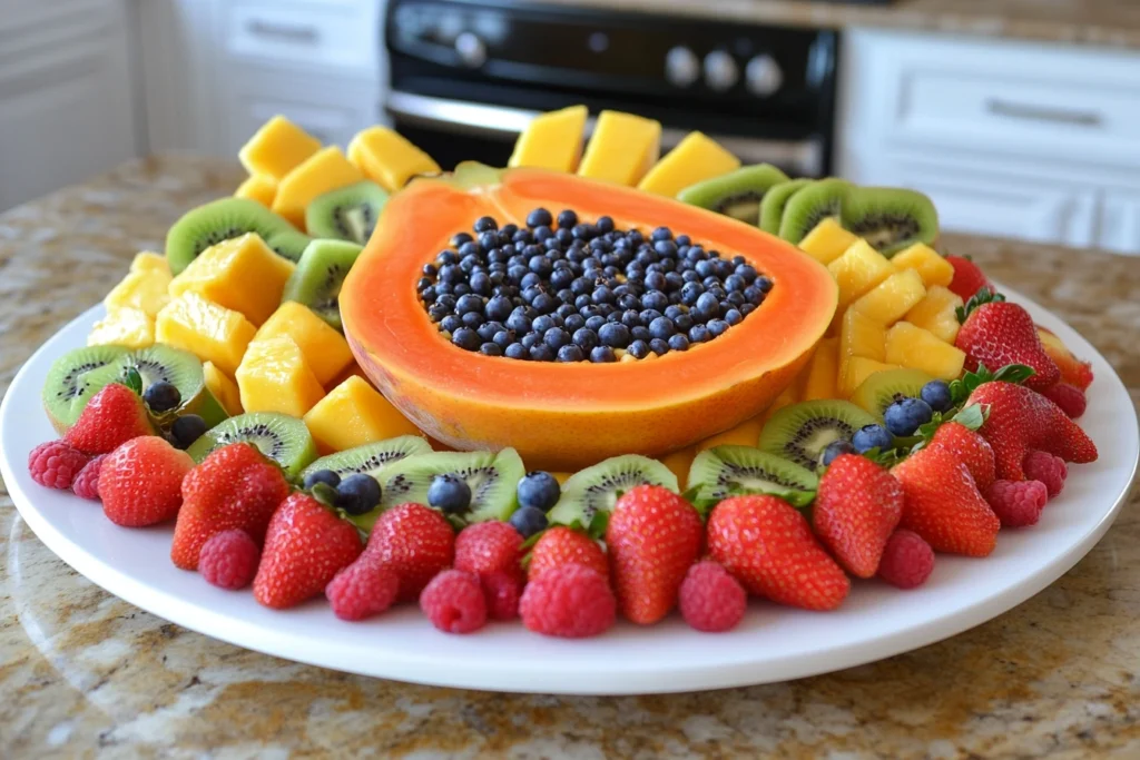 A vibrant assortment of fruits arranged with a halved papaya at the center, surrounded by mango slices, pineapple chunks, kiwi slices, strawberries, blueberries, raspberries, and orange segments on a white plate, highlighting the best fruits to mix with papaya.