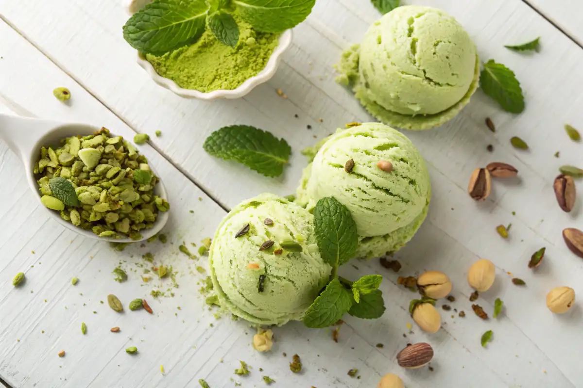 Three scoops of green ice cream in different flavors with their respective ingredients.