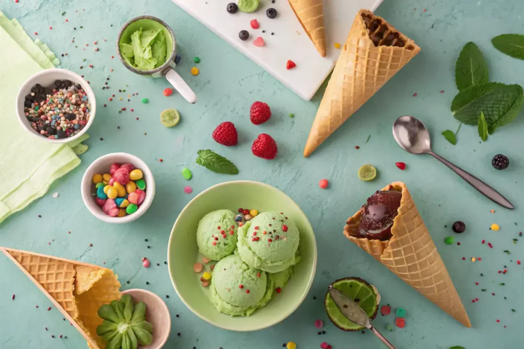 A flat lay of different green ice cream servings with various toppings.