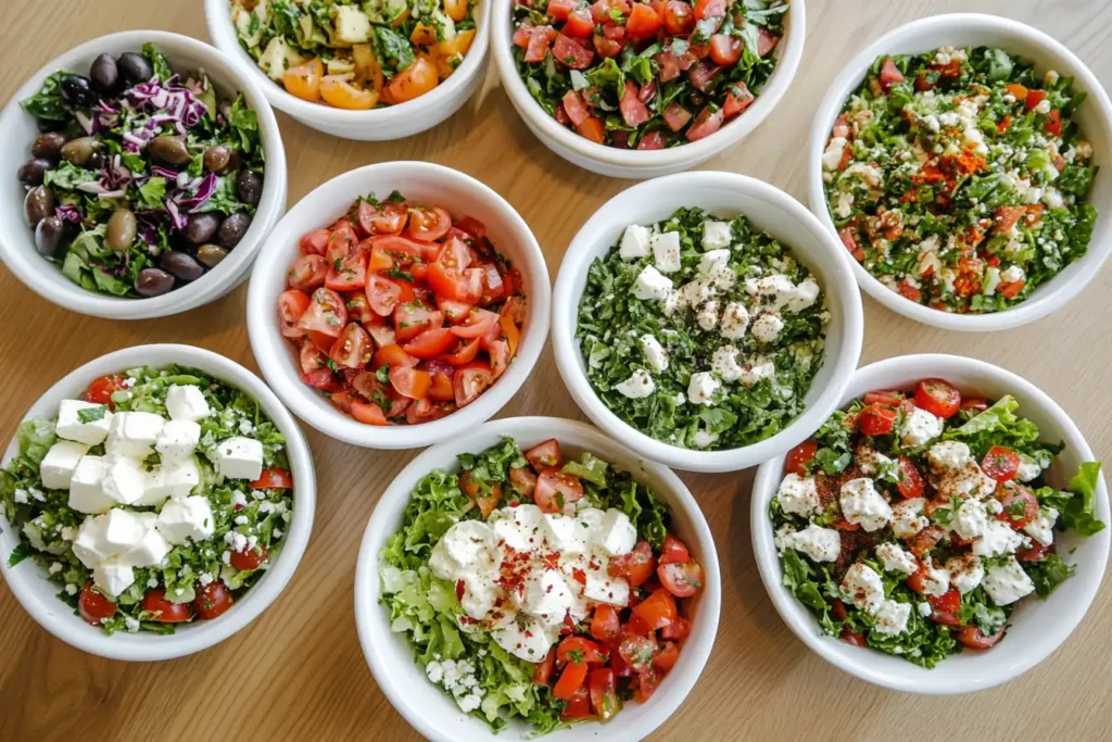 Overhead shot of three distinct salads, highlighting their different seasonings.