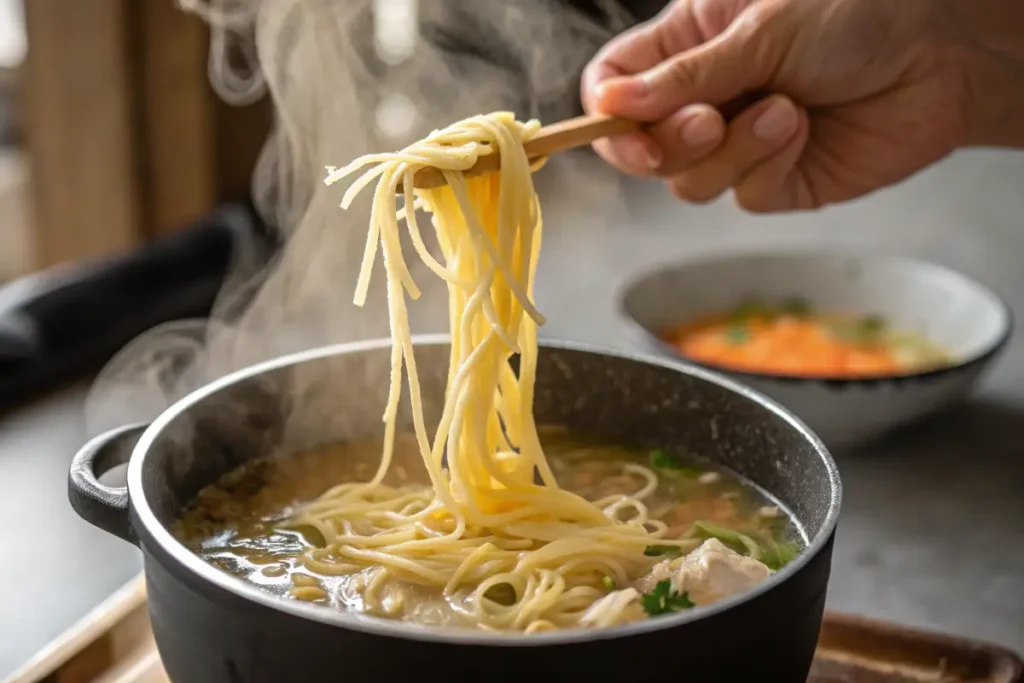 A hand adding egg noodles to a pot of simmering chicken broth for soup.