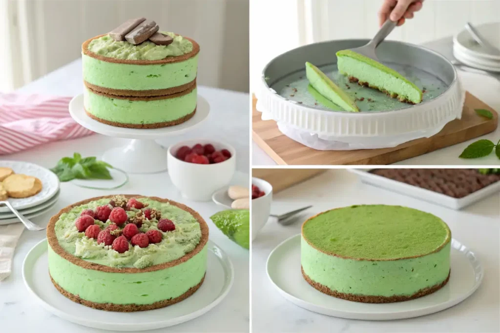 A step-by-step photo collage showing how to assemble a green ice cream cake.