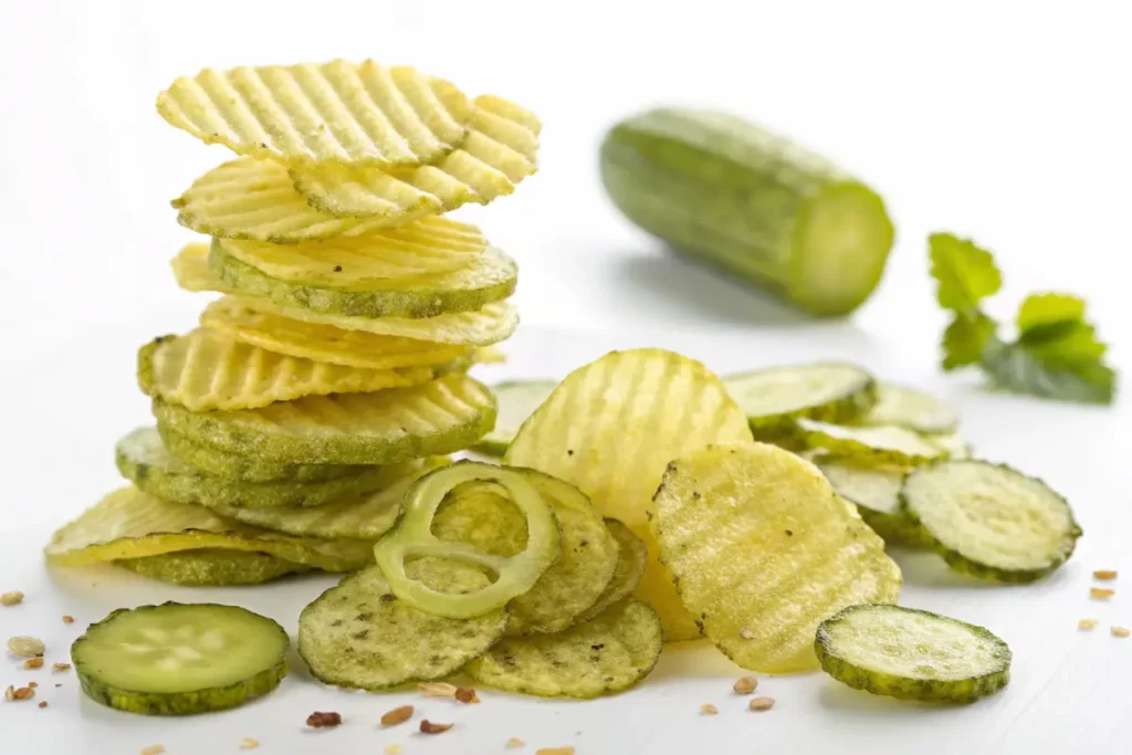 Variety of dill pickle chips from different brands