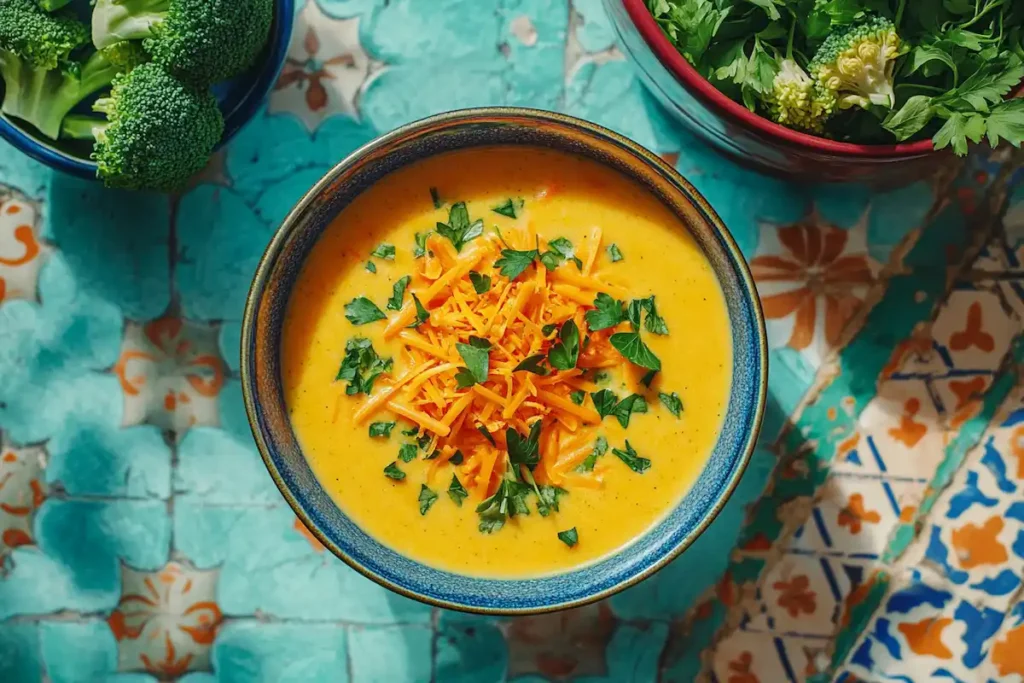 Bowl of vegan broccoli cheddar soup with herbs and vegan cheese, next to fresh broccoli