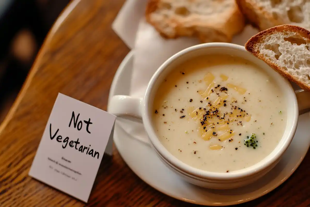 Bowl of non-vegetarian broccoli cheddar soup with melted cheese and a sign saying 'Not Vegetarian