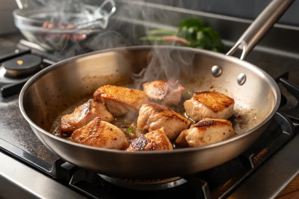 Raw chicken pieces being seared in a hot skillet, starting to brown and caramelize.