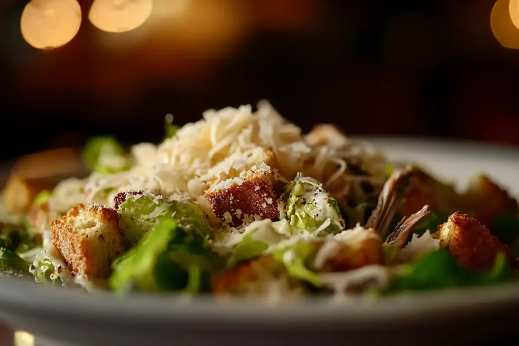 Close-up of a Caesar salad with all its signature ingredients.