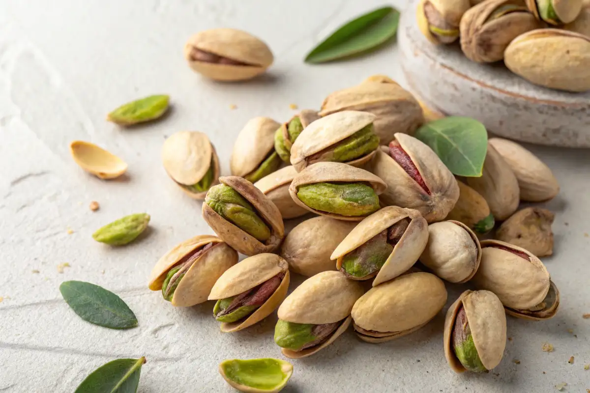 A detailed close-up shot of a pile of shelled pistachios.