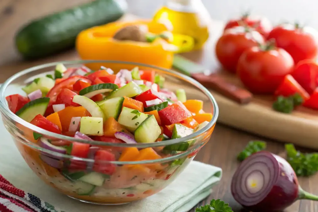  A colorful vegetable salad in a clear bowl, featuring tomatoes, cucumbers, bell peppers, carrots, red onion, and a light vinaigrette.