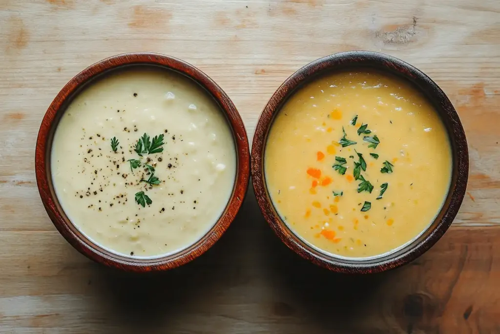 Side-by-side image of dairy and vegan cheese soup showing different textures