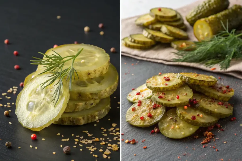 Side-by-side image of dill and spicy dill pickle chips.