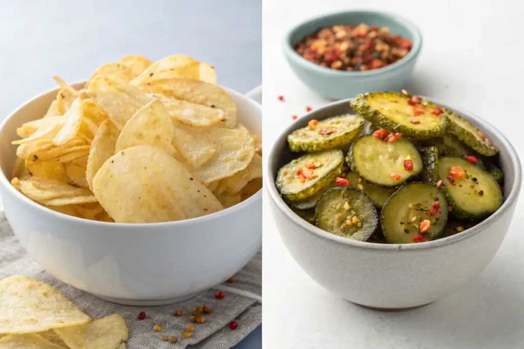 Split image of plain potato chips and spicy dill pickle chips